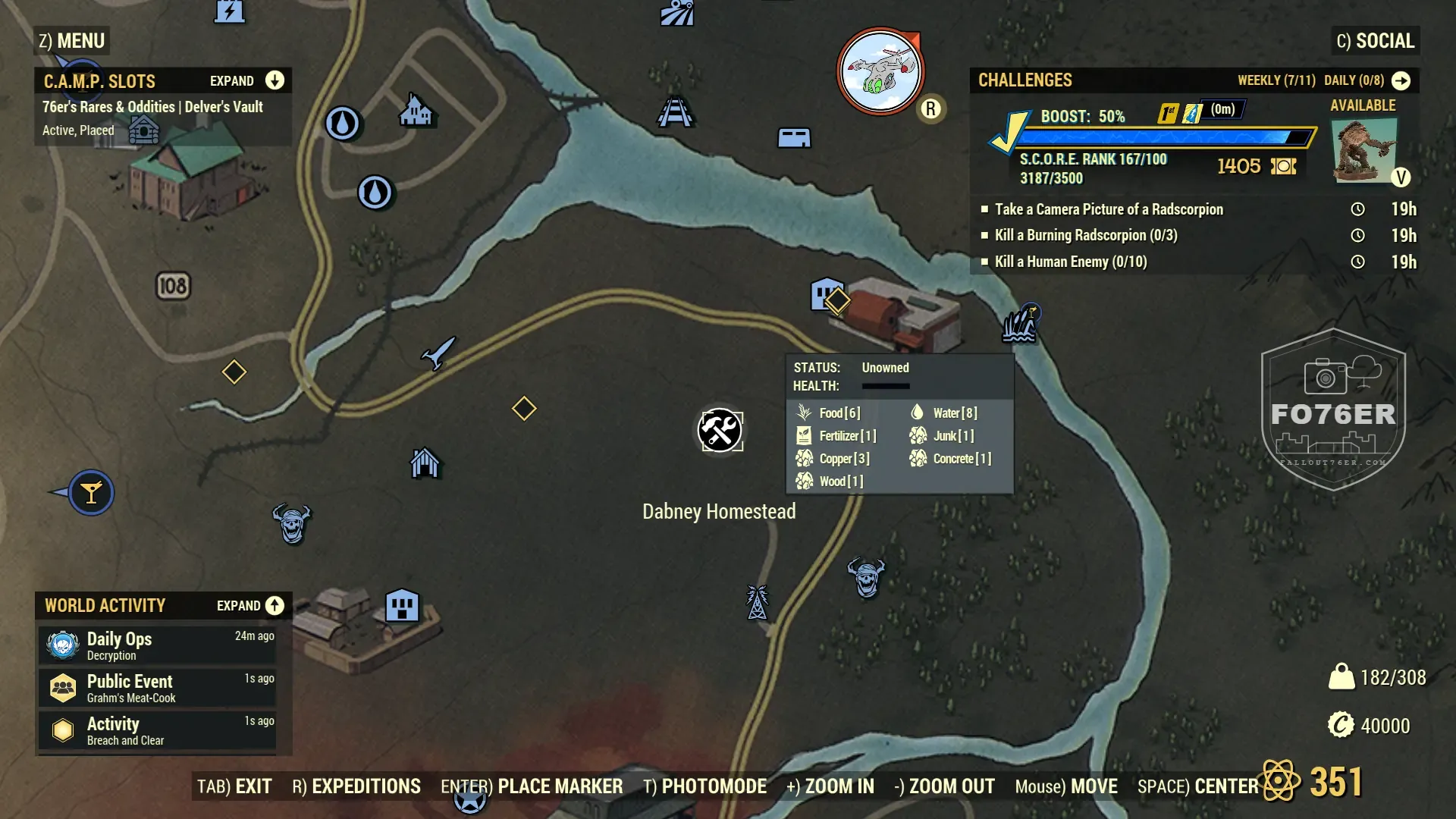 Fog Crawler spawn map — Dabney Homestead (The Mire), Fallout 76