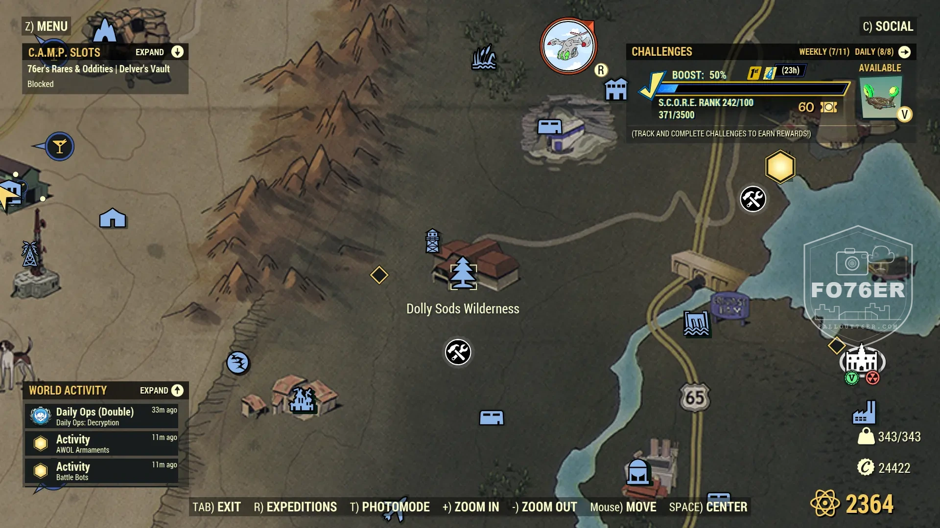 Yao Guai spawn map — Dolly Sods Wilderness (The Mire), Fallout 76