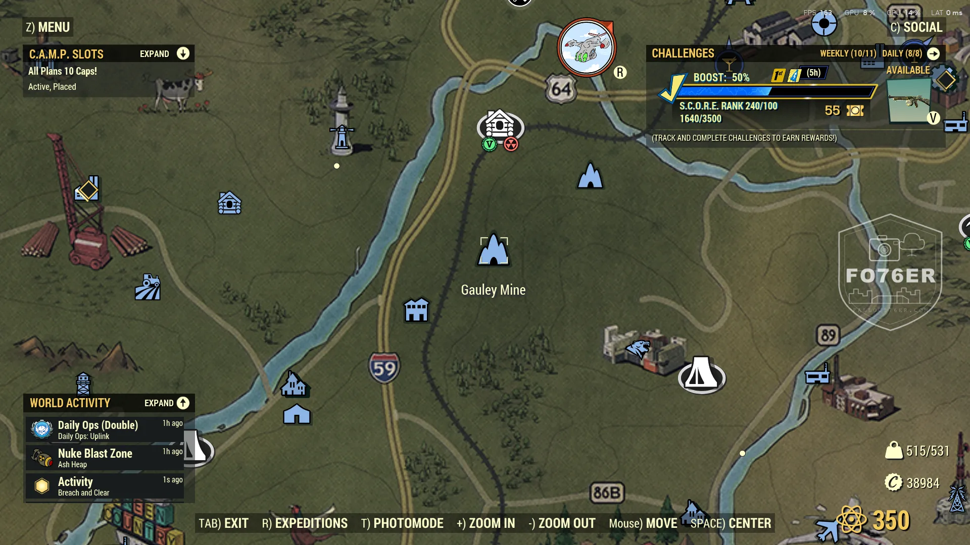 Radstag spawn map — Gauley Mine (The Forest), Fallout 76