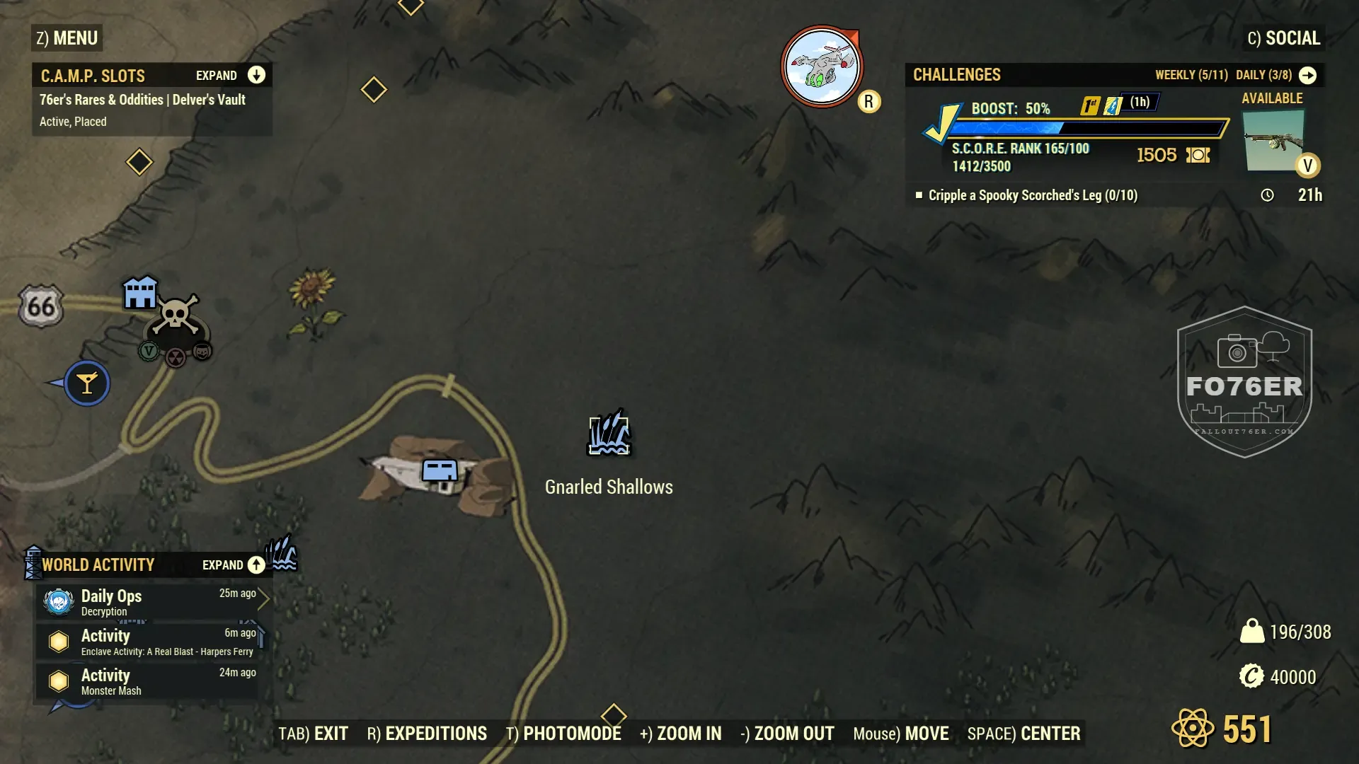 Angler spawn map — Gnarled Shallows (The Mire), Fallout 76