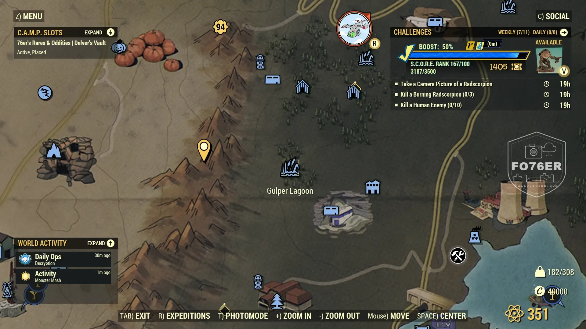 Gulper spawn map — Gulper Lagoon (The Mire), Fallout 76