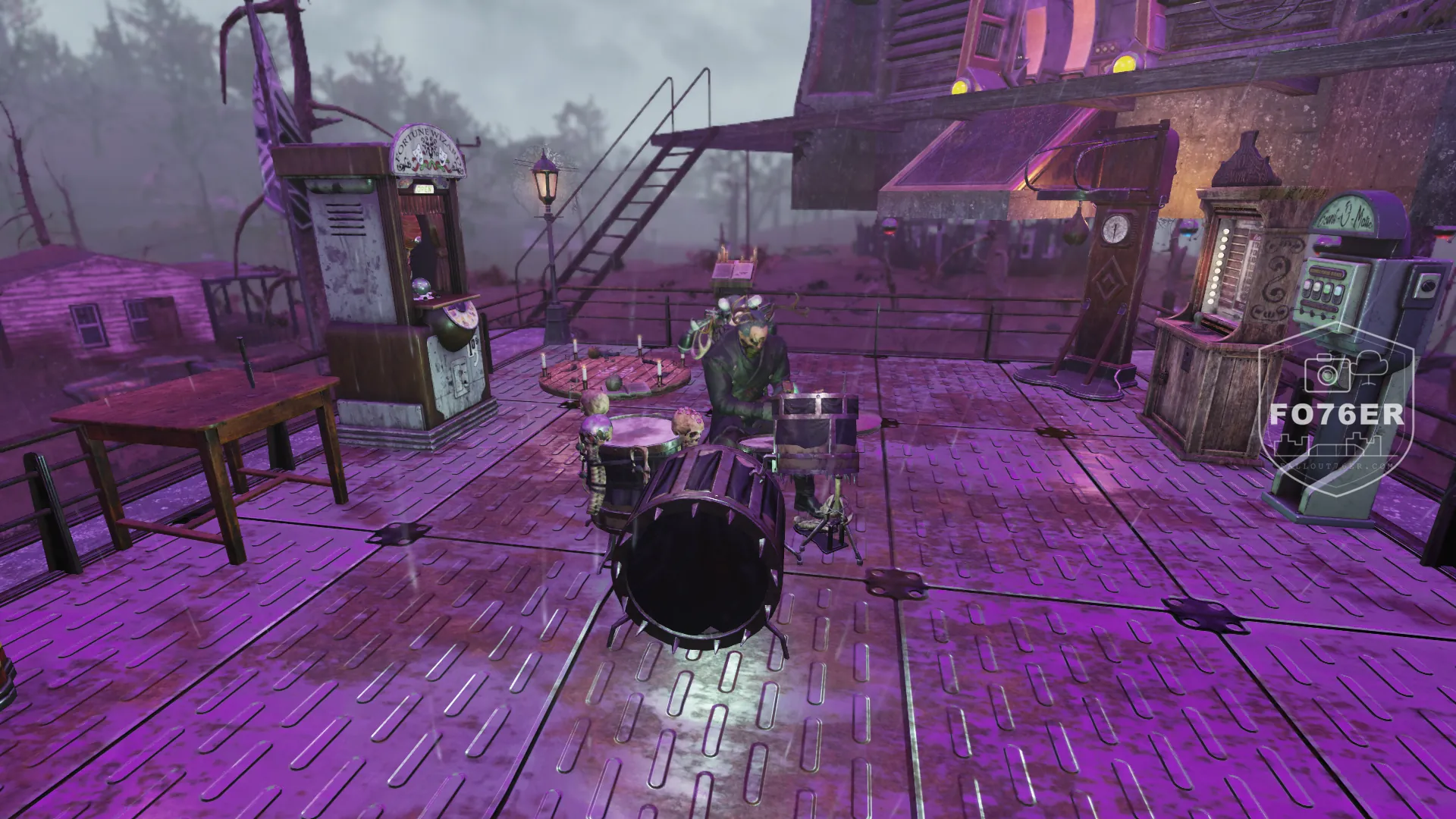 Fallout76er playing a skull drum kit on a purple-lit rooftop