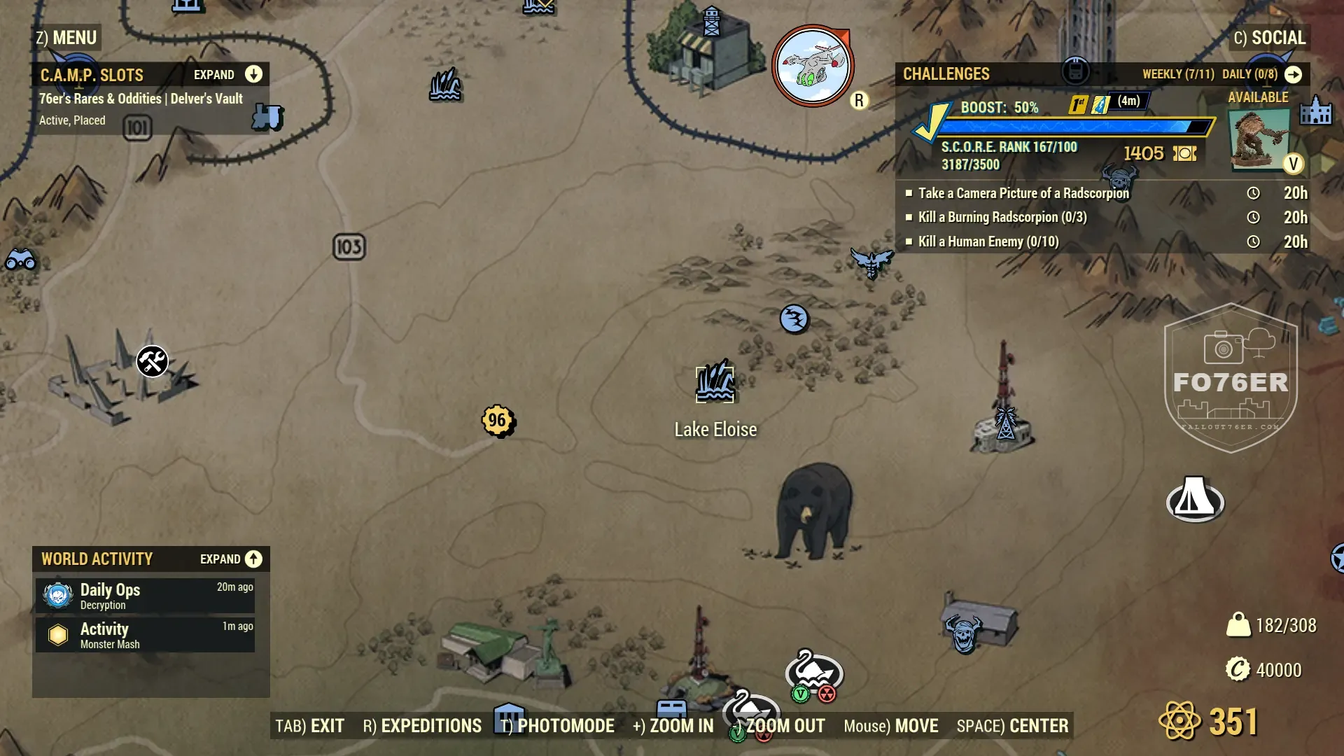 Floater spawn map — Lake Eloise (Savage Divide), Fallout 76