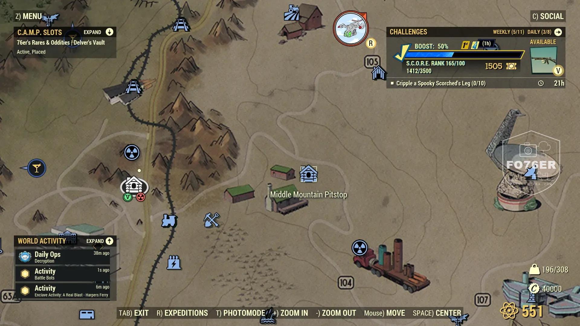 Brahmin spawn map — Middle Mountain Pitstop (Savage Divide), Fallout 76