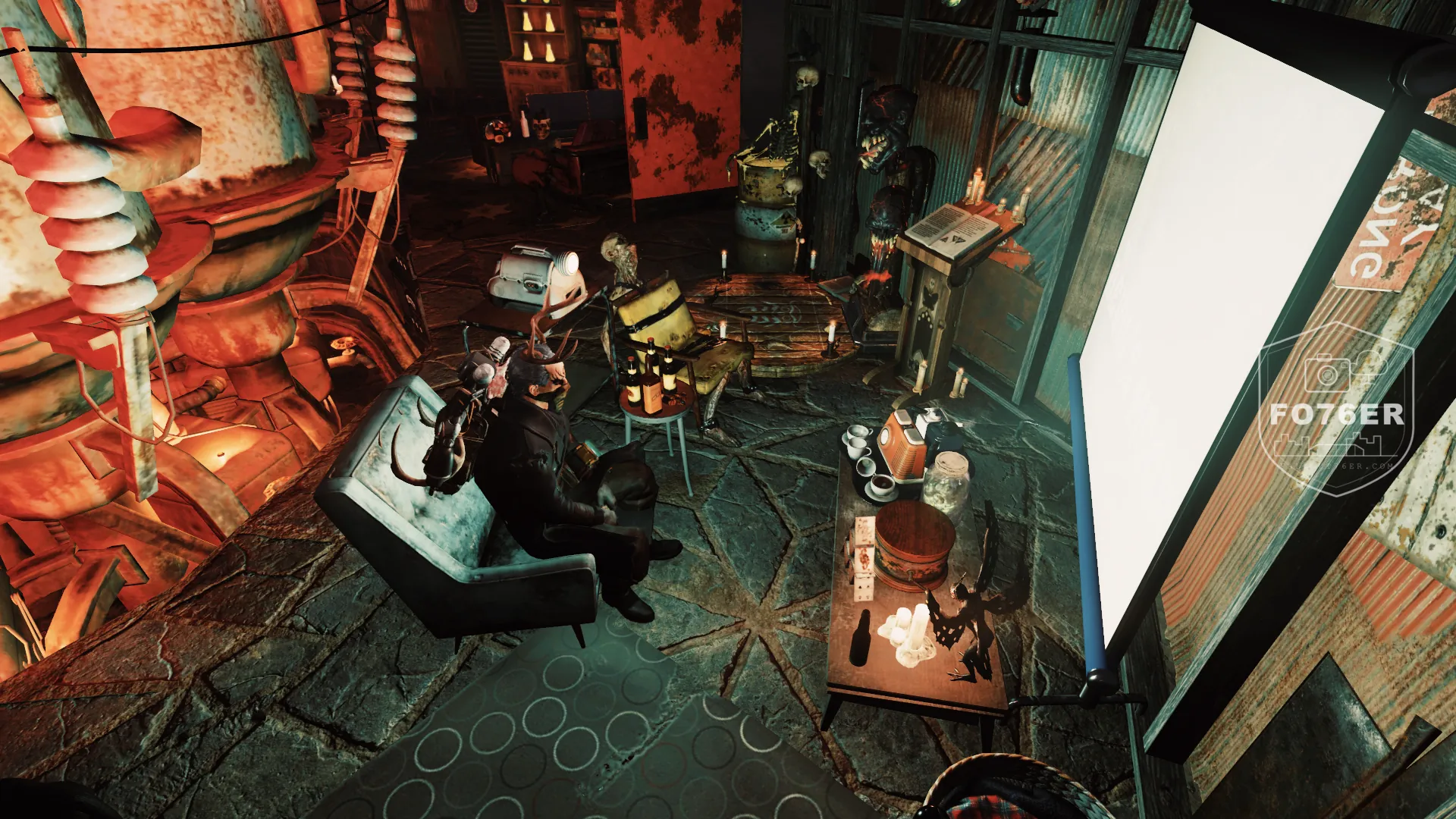 Fallout76er relaxing at a candlelit camp movie night