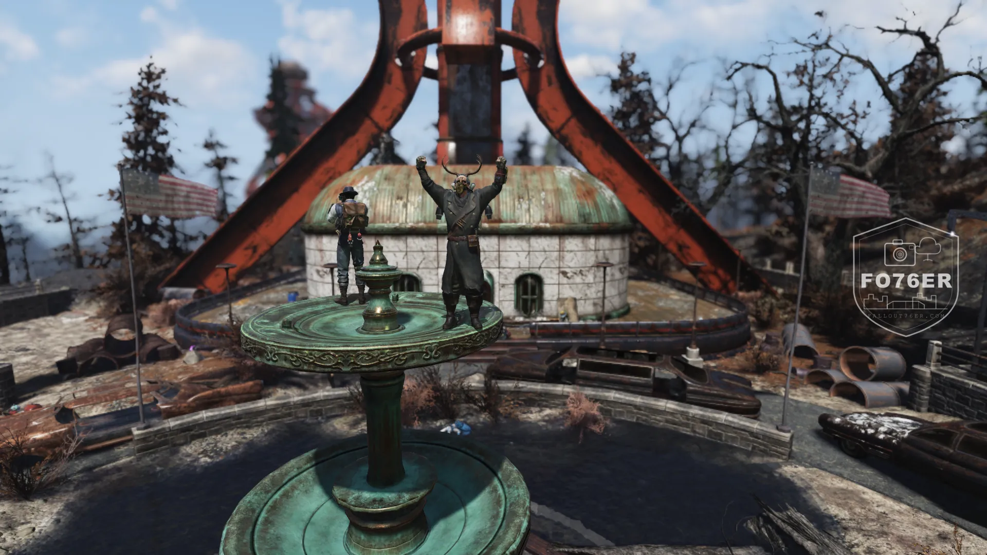 Fallout76er celebrating atop a fountain after an event