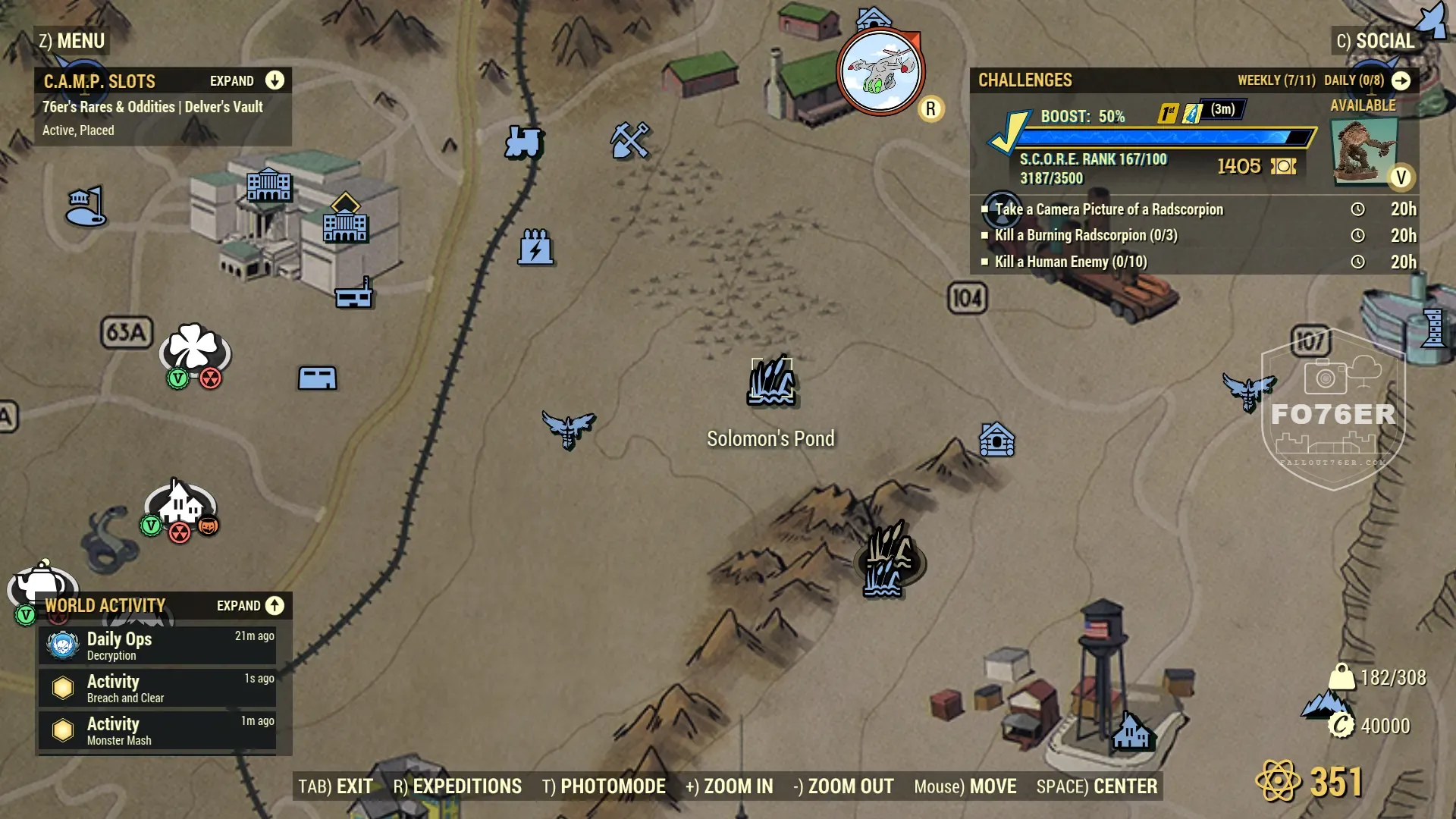 Behemoth spawn map — Solomon's Lower Pond (Savage Divide), Fallout 76