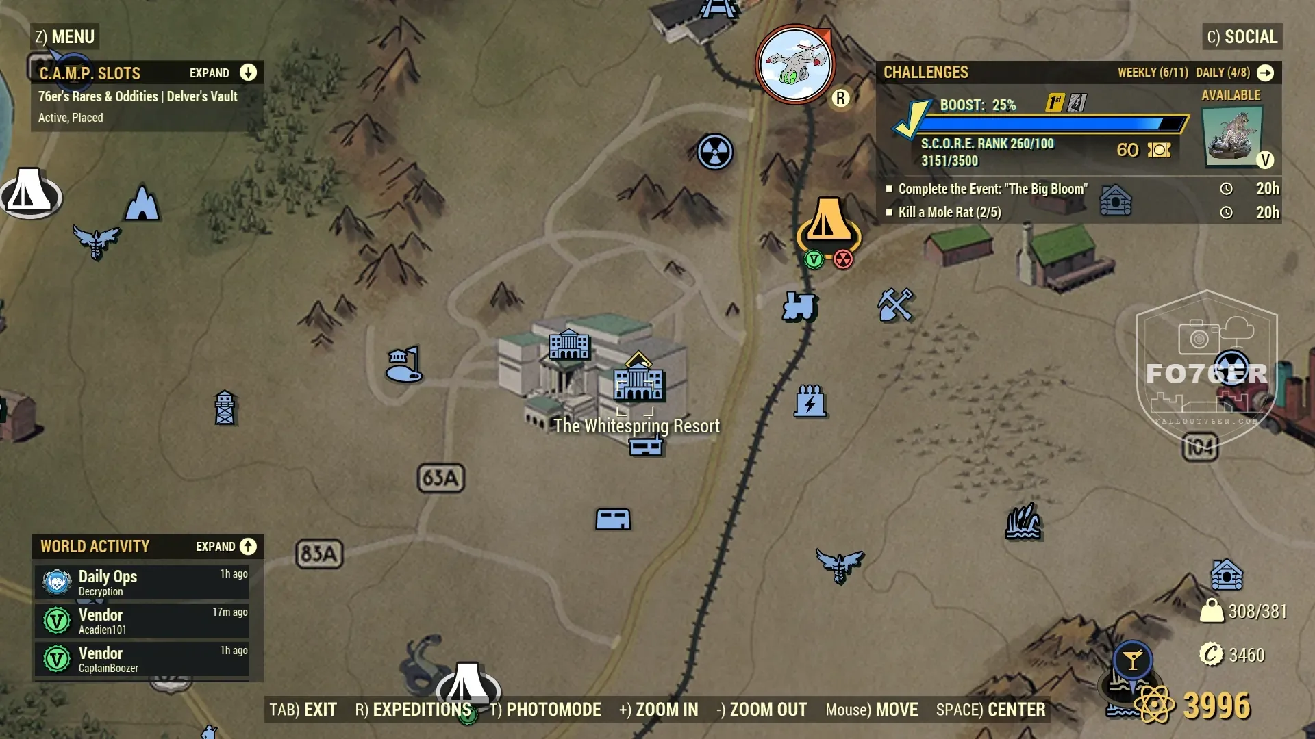 Glowing One spawn map — Whitespring Resort (Savage Divide), Fallout 76